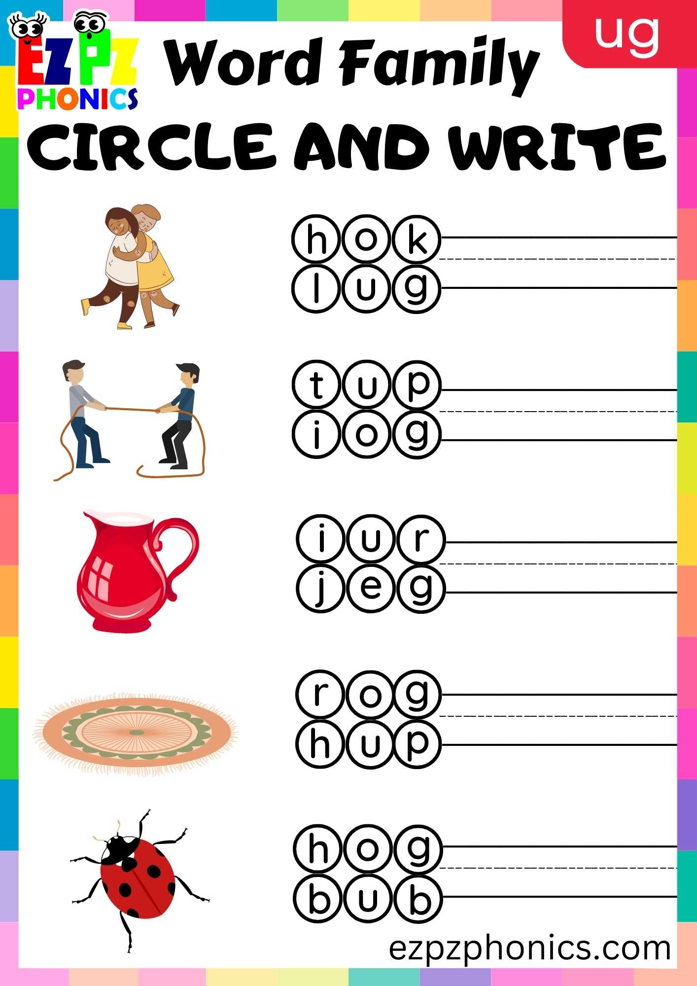 UG Words Circle And Write Phonics Word Families Worksheet